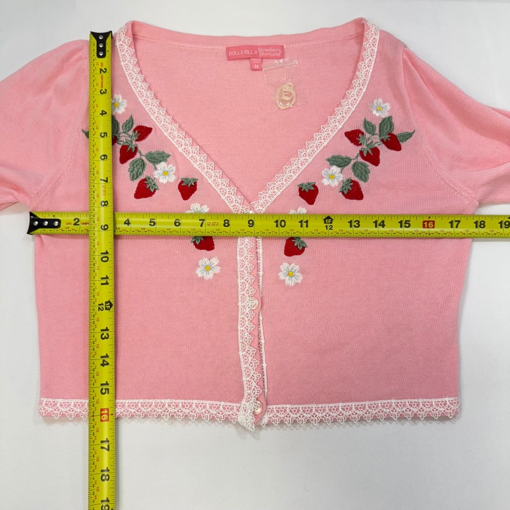 NWOT Dolls Kill x Strawberry Shortcake Pink Embroidered Crop Cardigan Medium - Picture 11 of 13